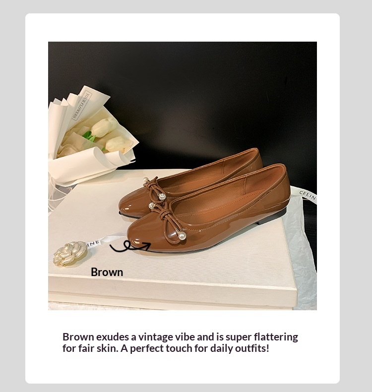 Classic Leather Ballet Dance Shoes With Pearl Bow And Square Toe_voghion.com