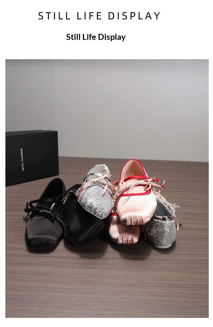 Retro satin dansballeriner med rosett och strass för kvinnor_voghion.com