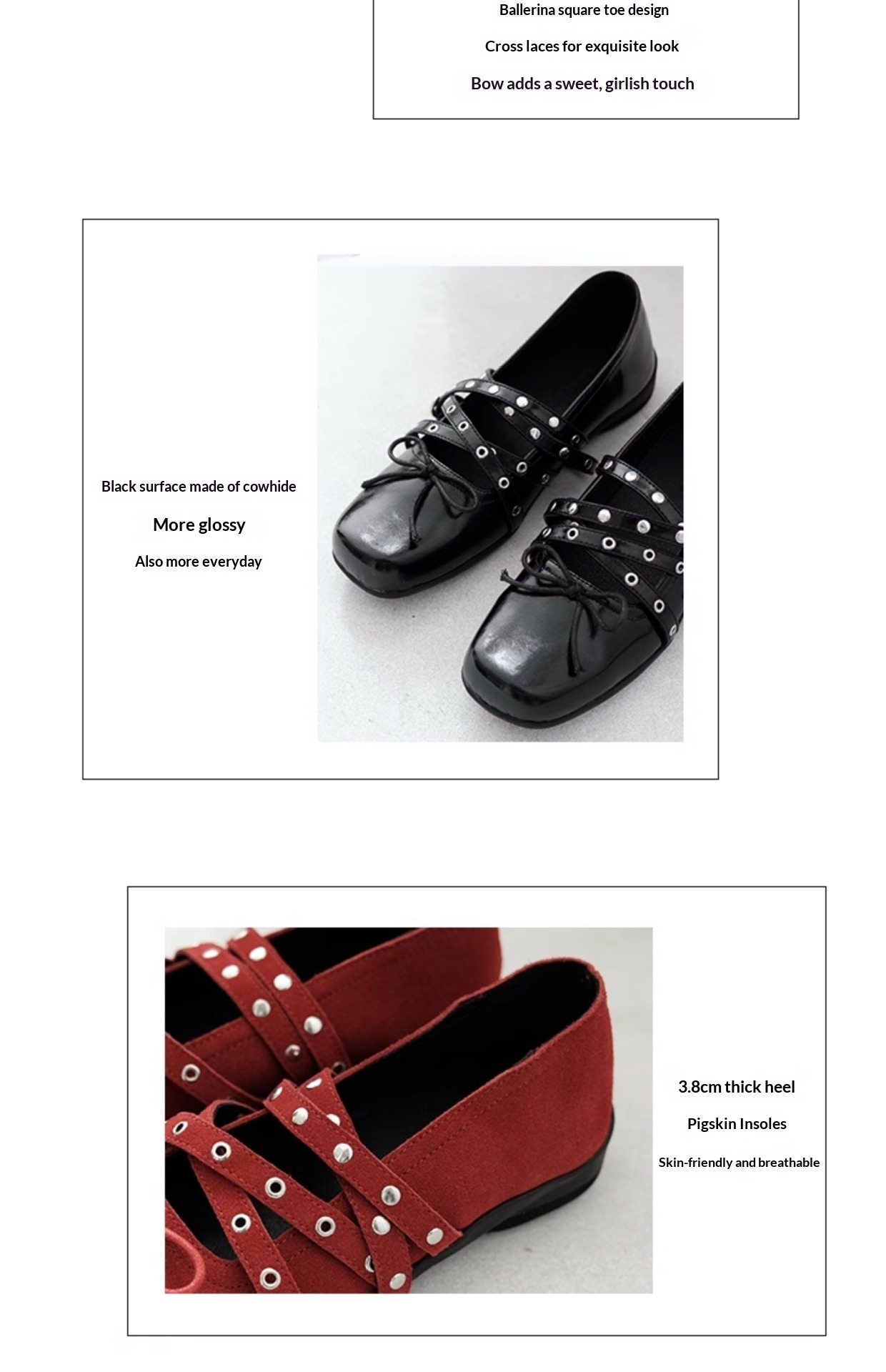 Dansskor dam äkta läder röd rosett retro platt ballerina_voghion.com
