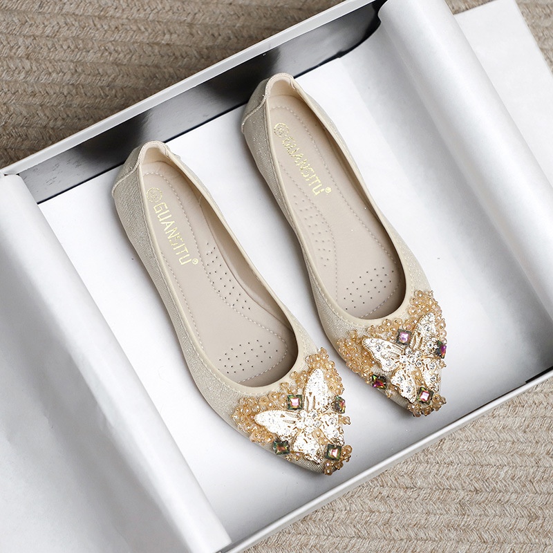 Dance Shoes Pointed Toe Loafers For Women 2022 Spring/Autumn Korean Style Soft Leather Flat Gentle Shallow Slip-On Shoes With Metal_voghion.com