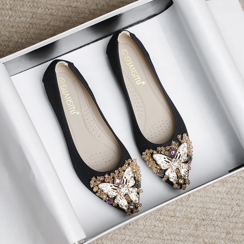 Dance Shoes Pointed Toe Loafers For Women 2022 Spring/Autumn Korean Style Soft Leather Flat Gentle Shallow Slip-On Shoes With Metal_voghion.com