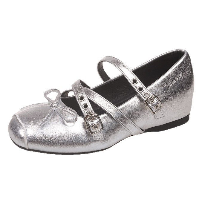 Dance Shoes French-style Mary Jane Casual Bowknot Women's 2025 Summer New Single Silver With Buckle And Internal Height Increase_voghion.com