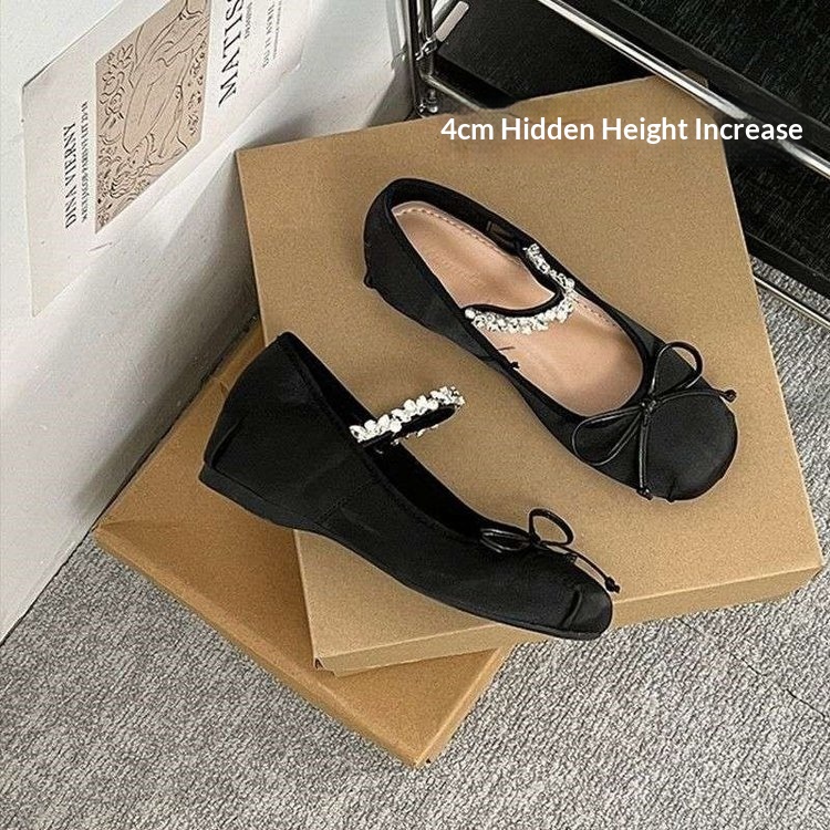 Dance Shoes 4cm Small Invisible Height Increase Ballet 2026 Rhinestone Bow Shallow Mouth Satin Outdoor Single Shoes For Women_voghion.com