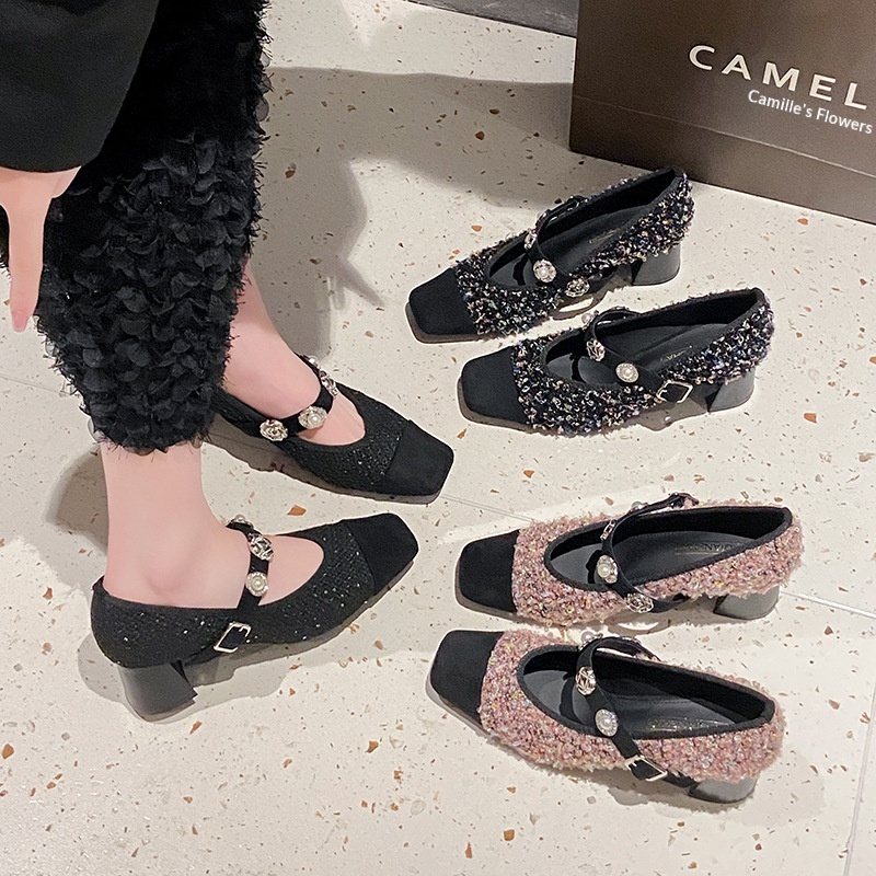 Dance Shoes In Stock Sequin Women's Pearl One-Strap Mary Jane Ballet Matching Dress Chunky Heel High Heels Single Shoes_voghion.com