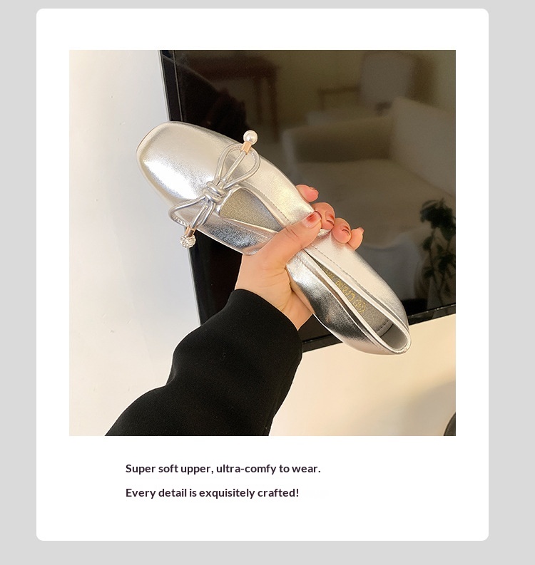 Classic Leather Ballet Dance Shoes With Pearl Bow And Square Toe_voghion.com