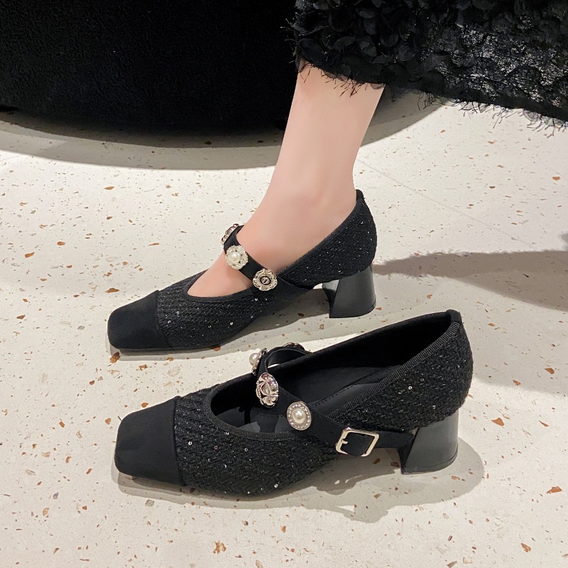 Dance Shoes In Stock Sequin Women's Pearl One-Strap Mary Jane Ballet Matching Dress Chunky Heel High Heels Single Shoes_voghion.com