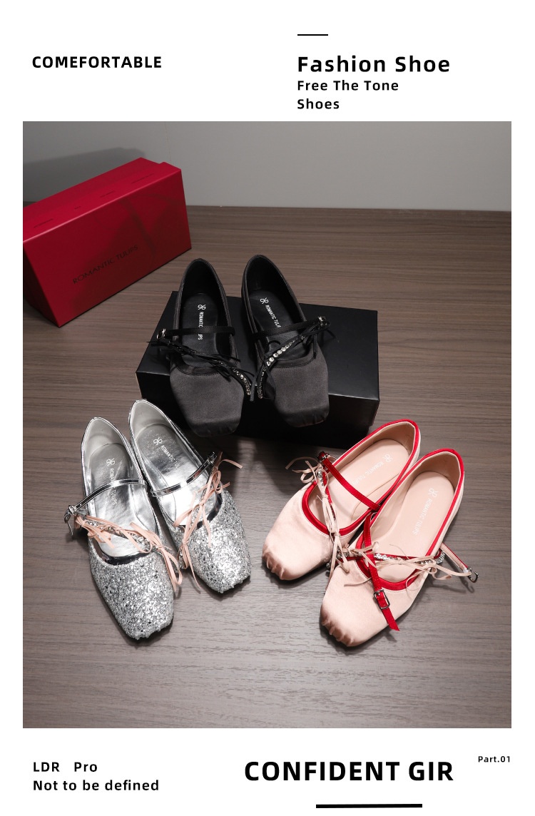 Retro satin dansballeriner med rosett och strass för kvinnor_voghion.com