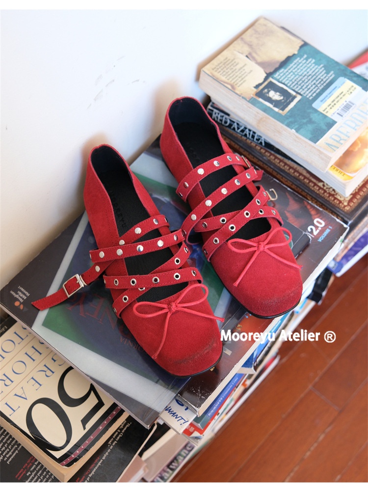 Dansskor dam äkta läder röd rosett retro platt ballerina_voghion.com