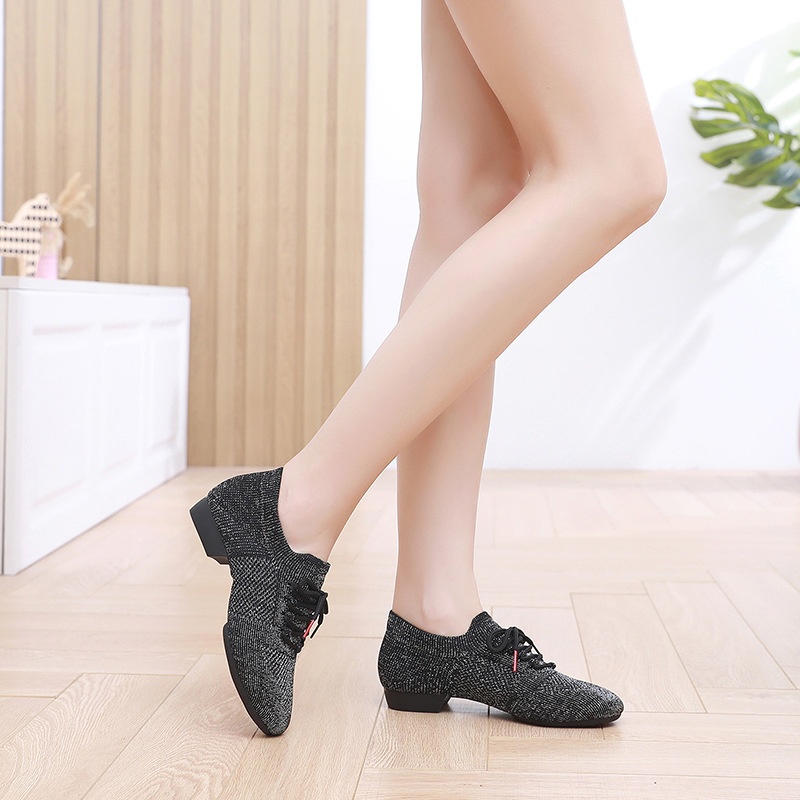 Dance Shoes Lace-up Fly-knit For Teachers, Latin Shoes With Rubber Soles, Outdoor Physical Training Jazz Dance Shoes, Flat Heel_voghion.com