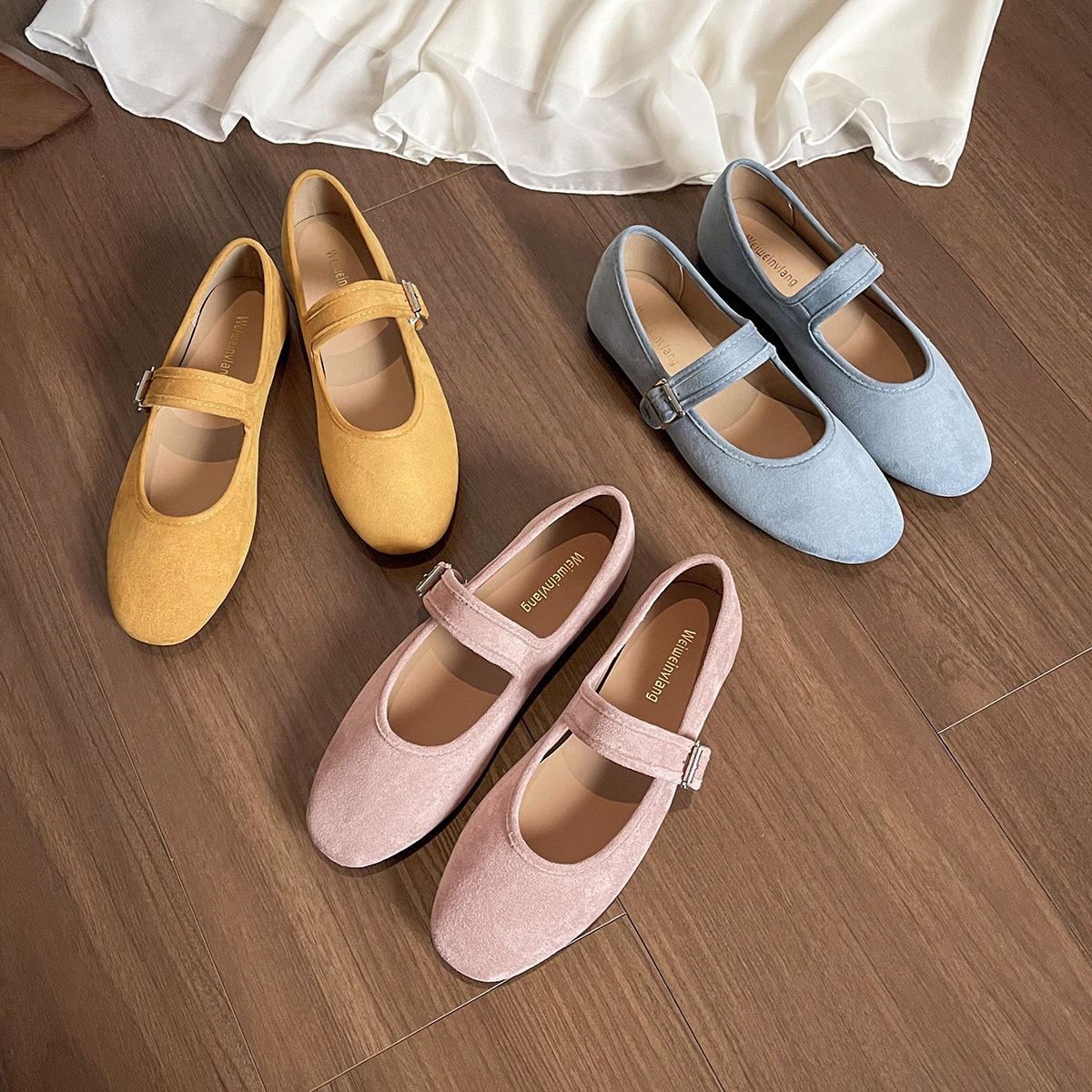 Scarpe da ballo 313-26, ballerine da donna in stile francese, con suola morbida e fibbia, adatte da abbinare a gonne, modello Mary Jane in camoscio da donna._voghion.com