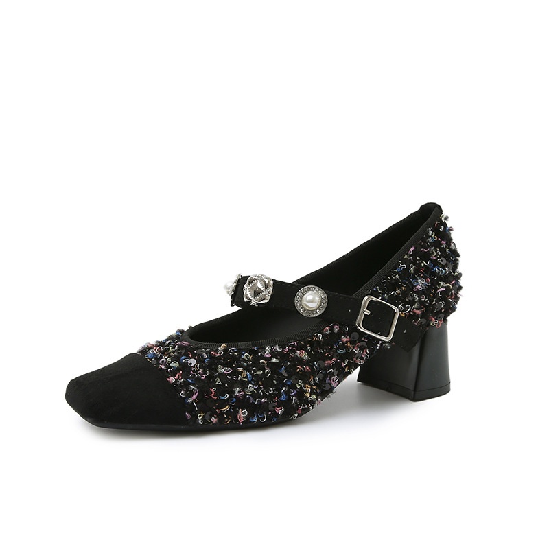 Dance Shoes In Stock Sequin Women's Pearl One-Strap Mary Jane Ballet Matching Dress Chunky Heel High Heels Single Shoes_voghion.com