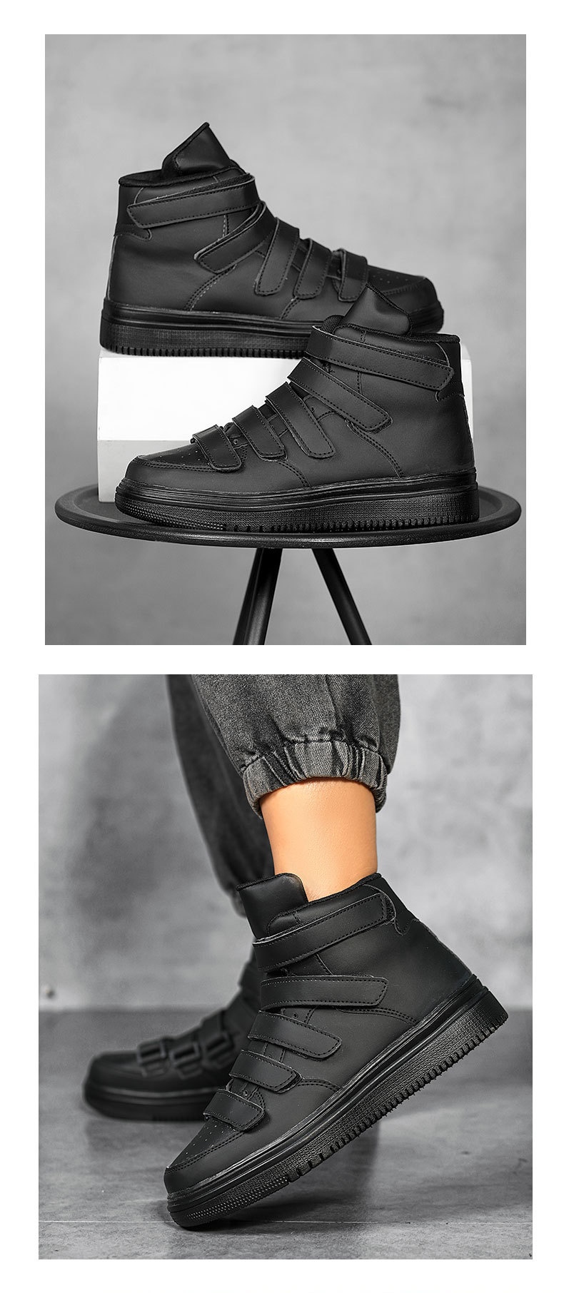 Men's High-top Casual Sneakers With Velcro Strap Versatile Shoes_voghion.com