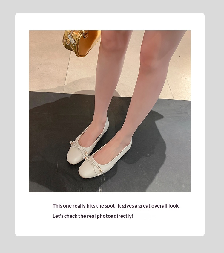 Classic Leather Ballet Dance Shoes With Pearl Bow And Square Toe_voghion.com