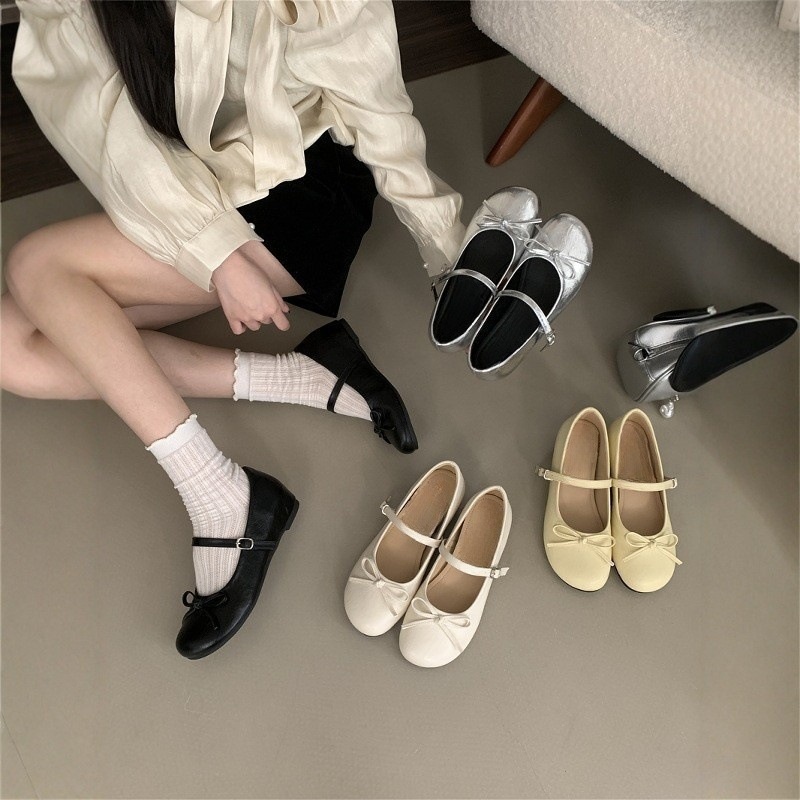 Dance Shoes Hidden Wedge Silver Bow Mary Jane For Women Spring Autumn 2025 New Fairy Style Ballet Shoes_voghion.com