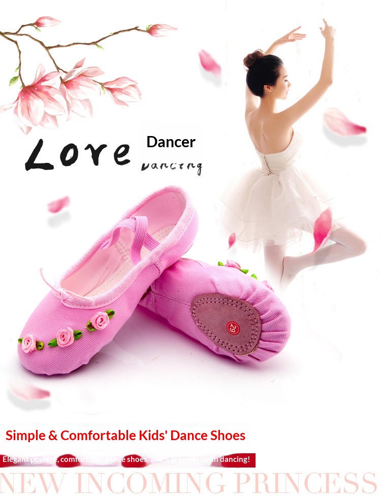 Childrens Canvas Ballet Shoes With Soft Soles And Rose Pattern_voghion.com