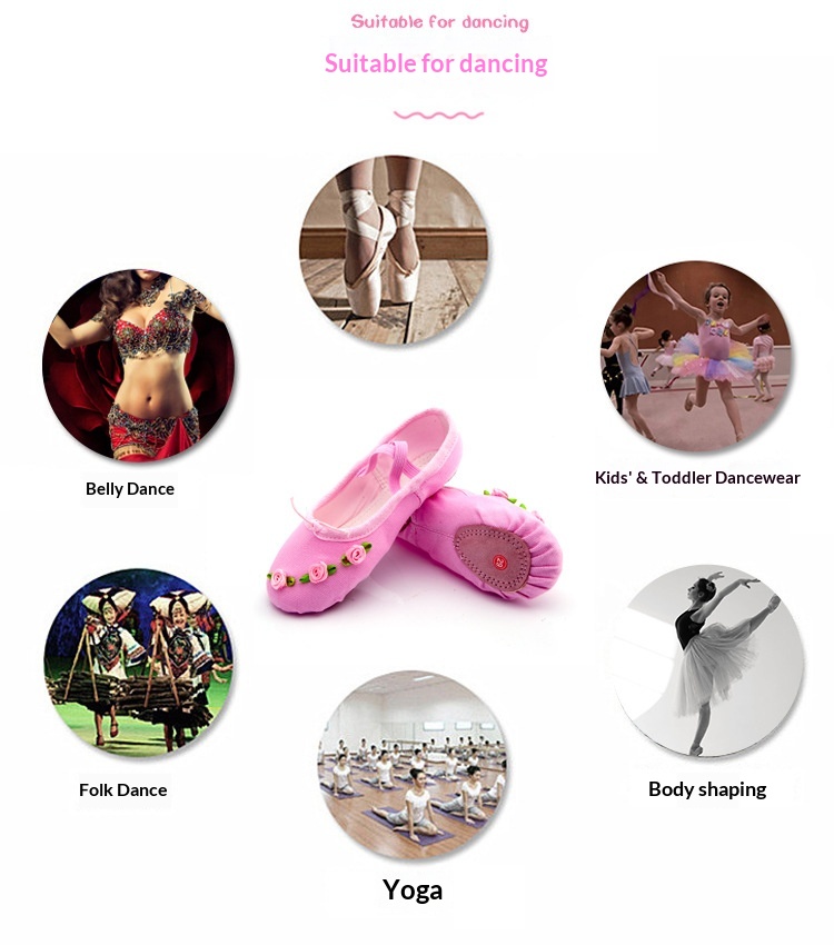 Childrens Canvas Ballet Shoes With Soft Soles And Rose Pattern_voghion.com
