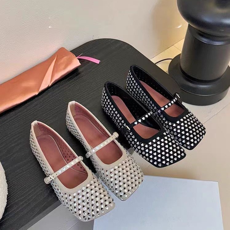 Dance Shoes 2025 New Square Toe Heart Full Diamond Mary Jane Women Genuine Leather Flat Strap Shallow Mouth Ballet Shoes_voghion.com