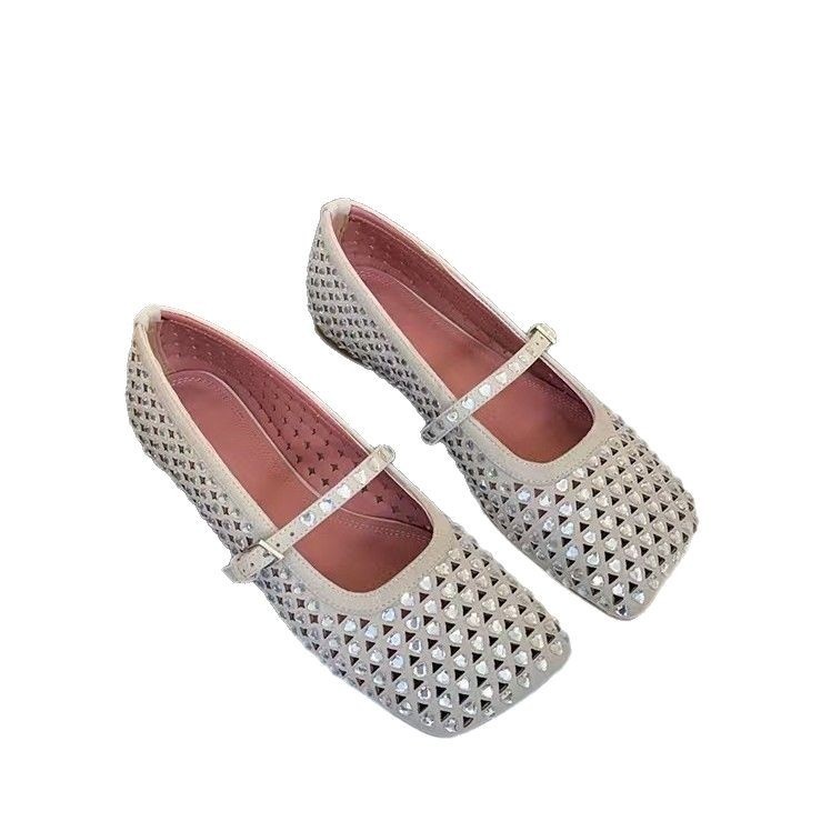 Dance Shoes 2025 New Square Toe Heart Full Diamond Mary Jane Women Genuine Leather Flat Strap Shallow Mouth Ballet Shoes_voghion.com