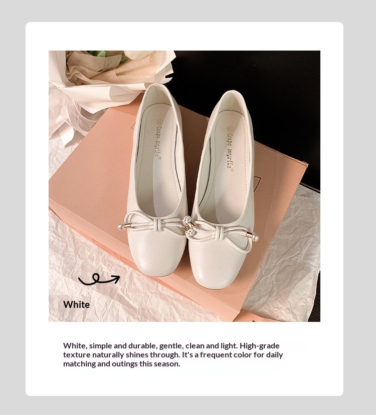 Classic Leather Ballet Dance Shoes With Pearl Bow And Square Toe_voghion.com