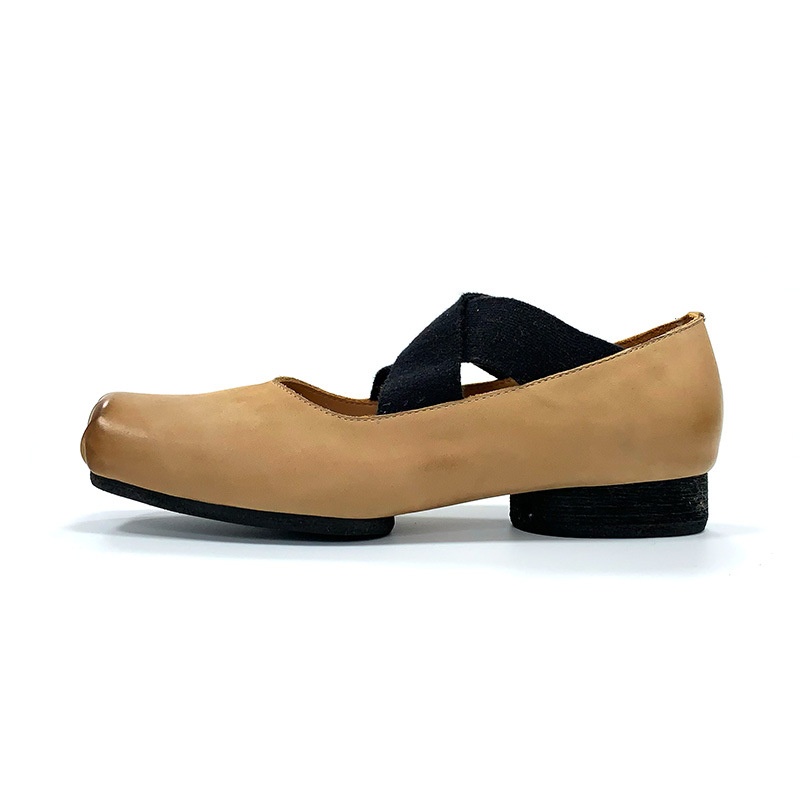 Dance Shoes Women's Ballet Genuine Leather Square Toe French Retro Shallow Mouth Cross Strap Pig Nose Soft Sole Mary Jane Shoes_voghion.com