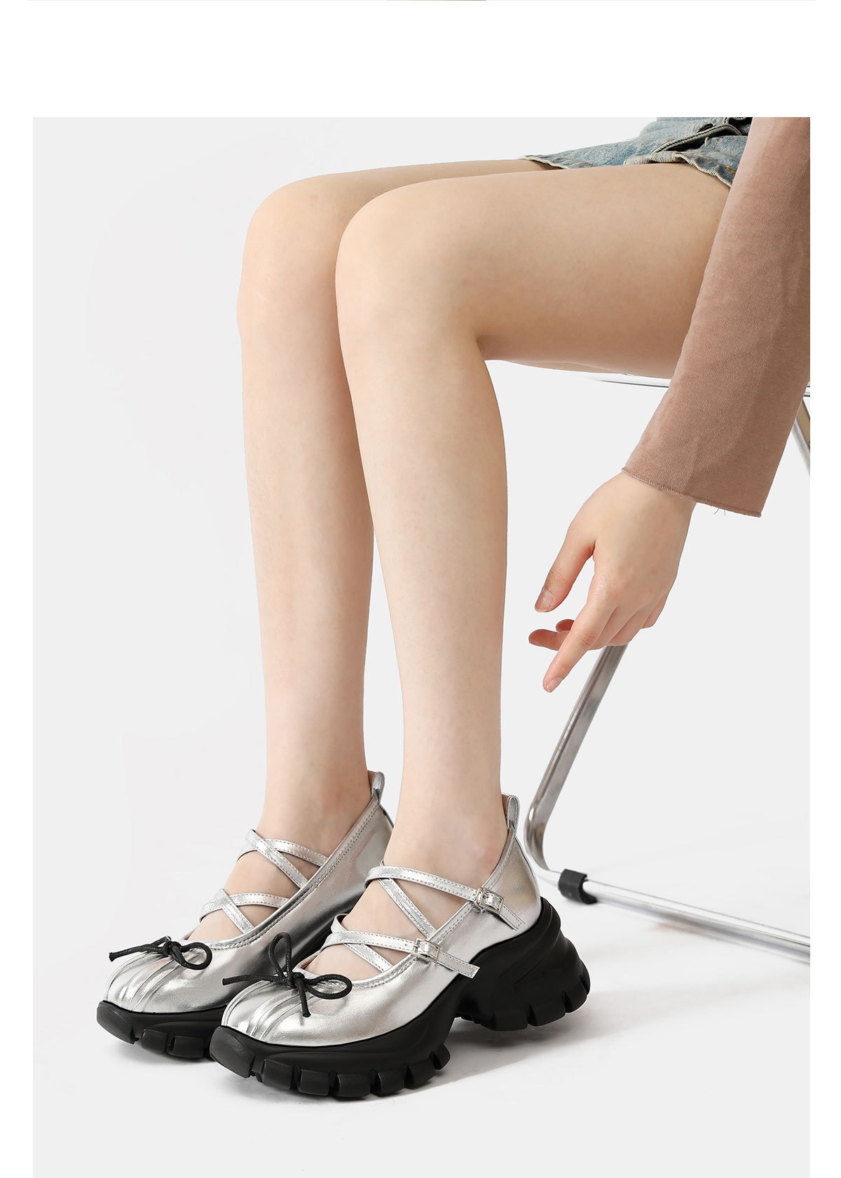 Women's Silver Ballet Dance Shoes Platform Thick Soled Leather_voghion.com
