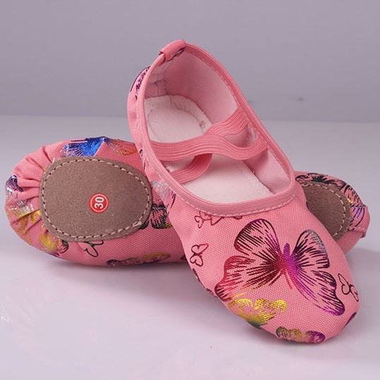 Scarpe da ballo per bambini con stampa a farfalla dorata, suola a zampa di gatto, senza lacci, suola morbida, antiscivolo, ideali per danza e yoga._voghion.com