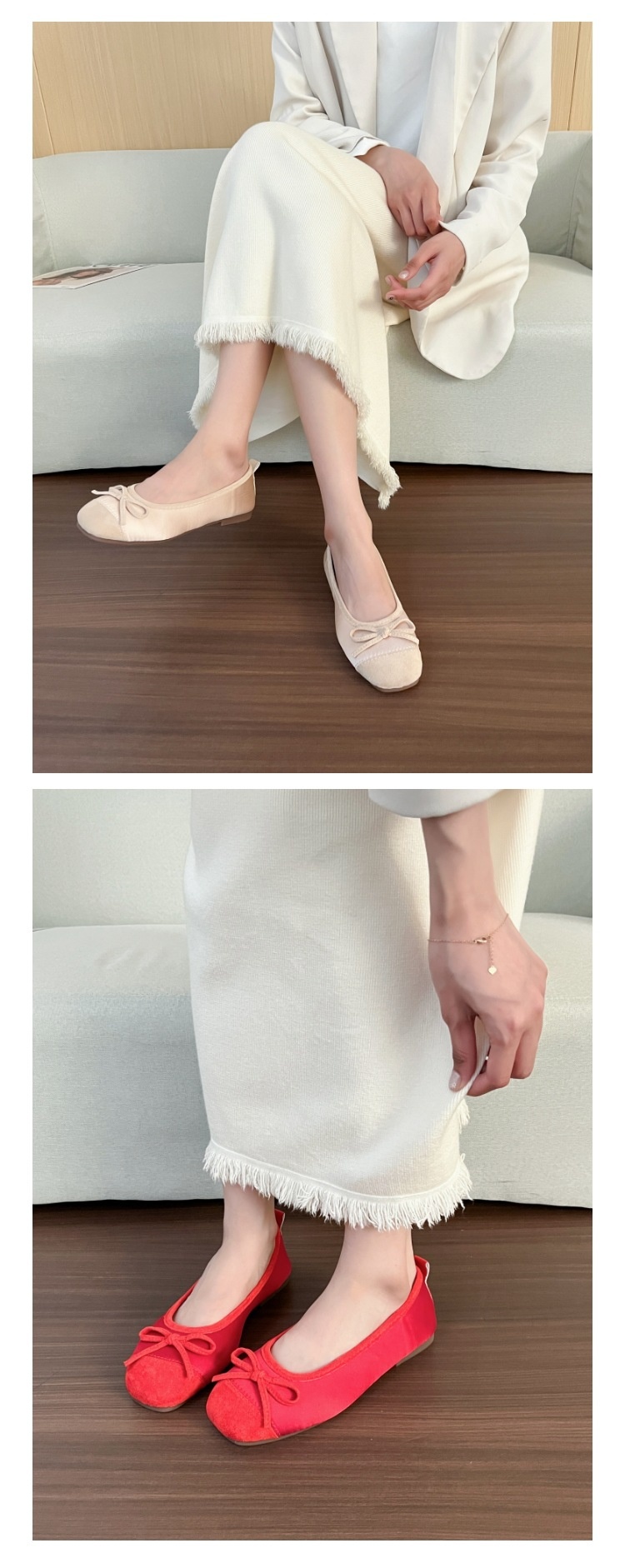 Dam dansskor ballerinor eleganta röda silver fransk stil_voghion.com