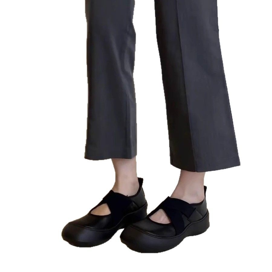 Dance Shoes Soft Version~Thick-soled Sports Cross-strap Mary Jane Leather Shoes, Round-toe Ballet Flats, Women's Shallow Retro_voghion.com