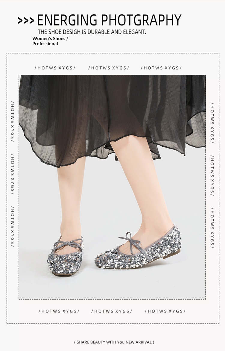 Silver Sequin Ballet Dance Shoes With Bow And Single Strap_voghion.com