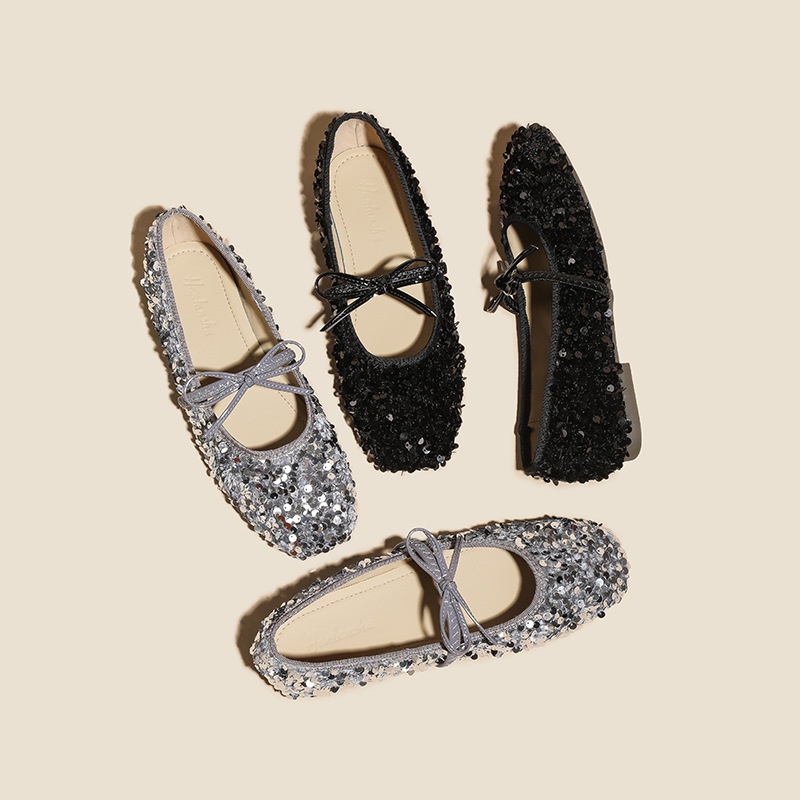 Dance Shoes French Style Sequin Silver Ballet 2025 New Model One-Strap Evening Breeze Bow Mary Jane Flat Shoes_voghion.com