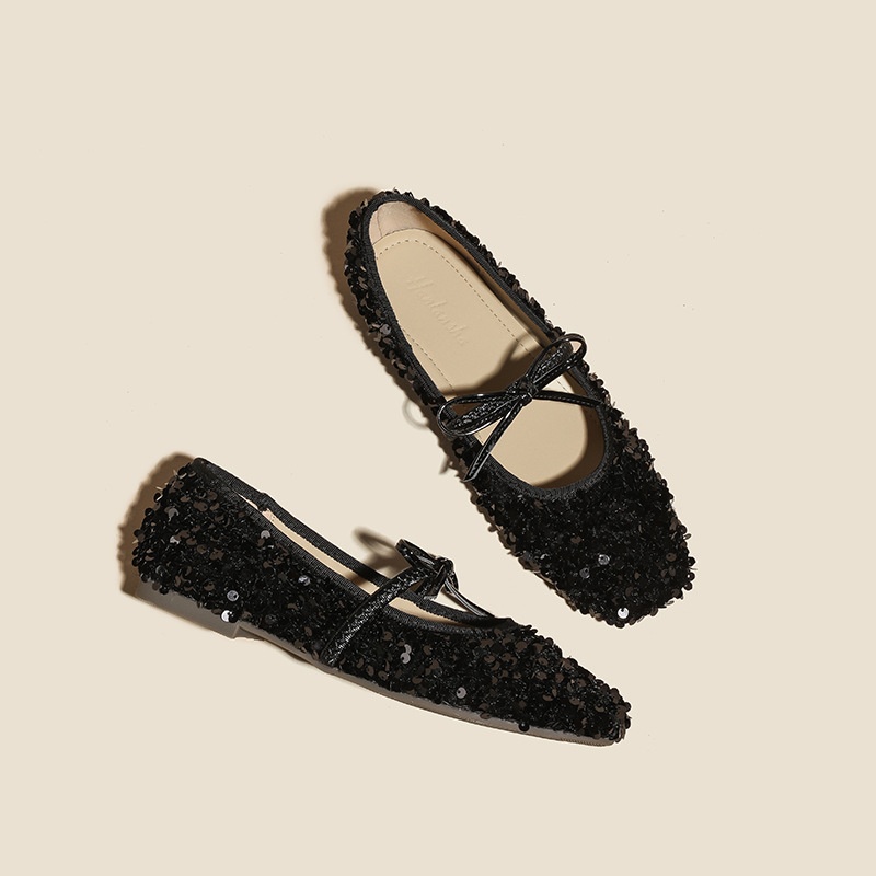 Dance Shoes French Style Sequin Silver Ballet 2025 New Model One-Strap Evening Breeze Bow Mary Jane Flat Shoes_voghion.com