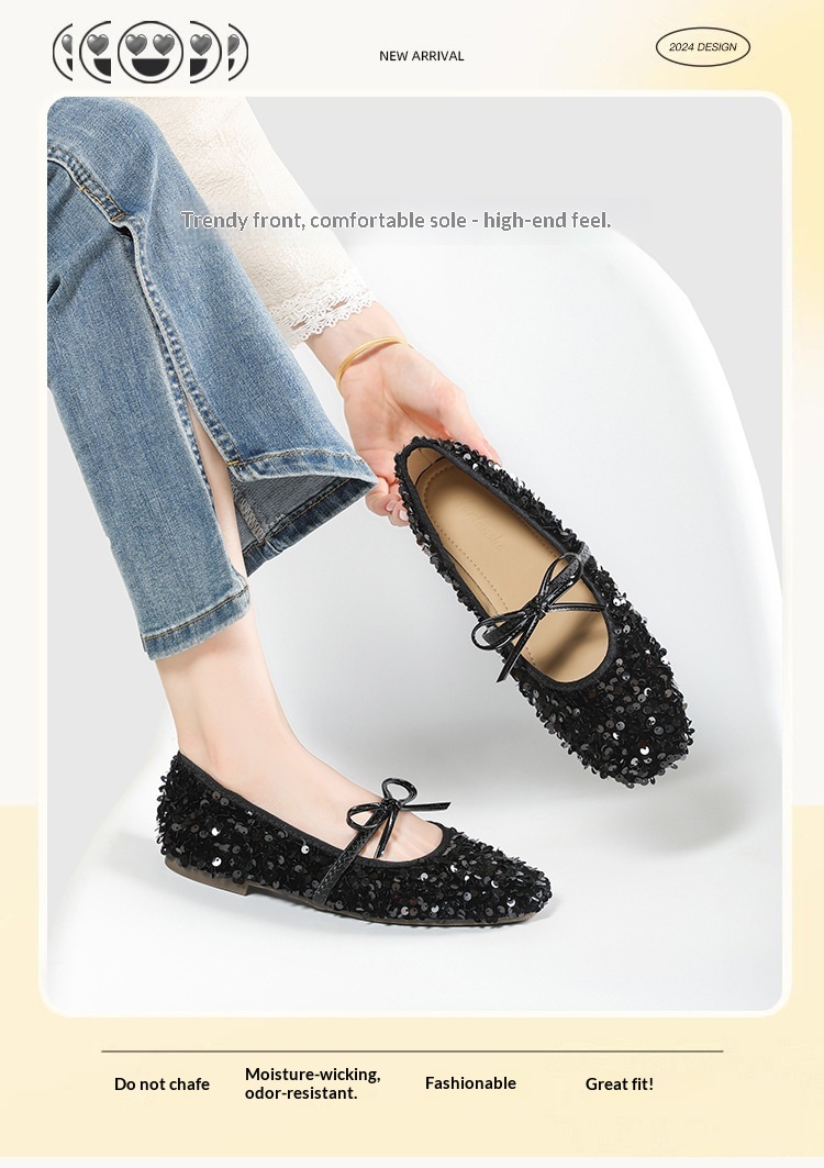 Silver Sequin Ballet Dance Shoes With Bow And Single Strap_voghion.com