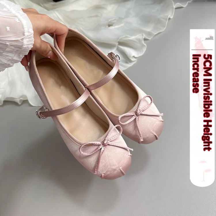 Dance Shoes Korean Style Petite Invisible Height Increasing Ballet 2025 New Bowknot Shallow Mouth Satin Outdoor Single Shoes For_voghion.com