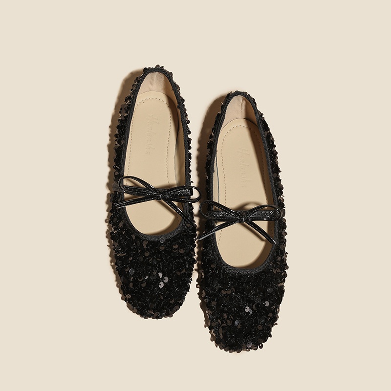 Dance Shoes French Style Sequin Silver Ballet 2025 New Model One-Strap Evening Breeze Bow Mary Jane Flat Shoes_voghion.com