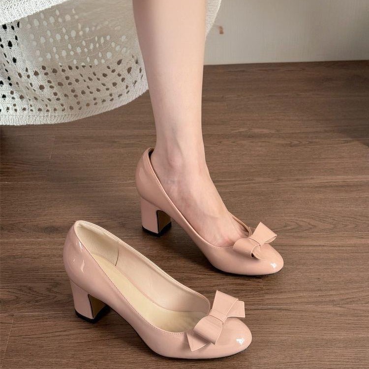 Dance Shoes New Chunky Heel Commuter Shoes With Bow, Shallow Mouth, High Heels, Spring And Autumn Nude-colored Dress, Round Toe,_voghion.com