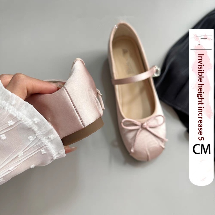 Dance Shoes Korean Style Petite Invisible Height Increasing Ballet 2025 New Bowknot Shallow Mouth Satin Outdoor Single Shoes For_voghion.com
