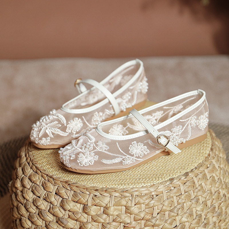 Dance Shoes Gentle Fairy Breathable Hollow Mesh Flat Ballet With Embroidered Flowers And Pearls Mary Jane Shoes_voghion.com