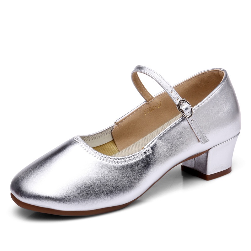Dance Shoes New Low-heel Square Women, Comfortable For The Feet, Breathable Leather Dance Shoes With Soft And Cowhide Soles Silver_voghion.com