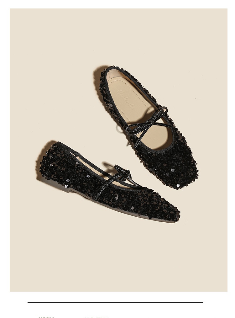 Silver Sequin Ballet Dance Shoes With Bow And Single Strap_voghion.com