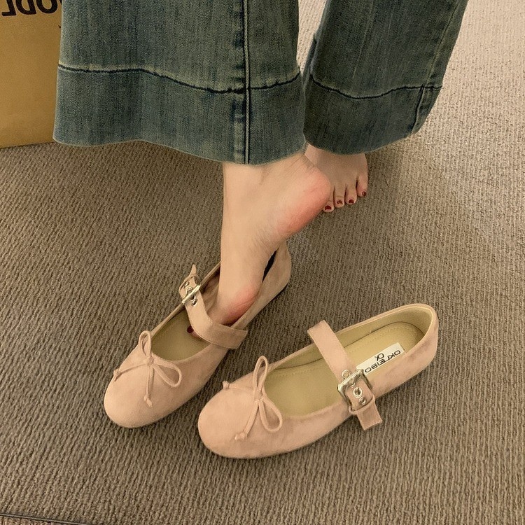Dance Shoes Suede Bow Strap Flat Mary Jane New French Evening Style Ballet Shoes, Women's Shoes_voghion.com