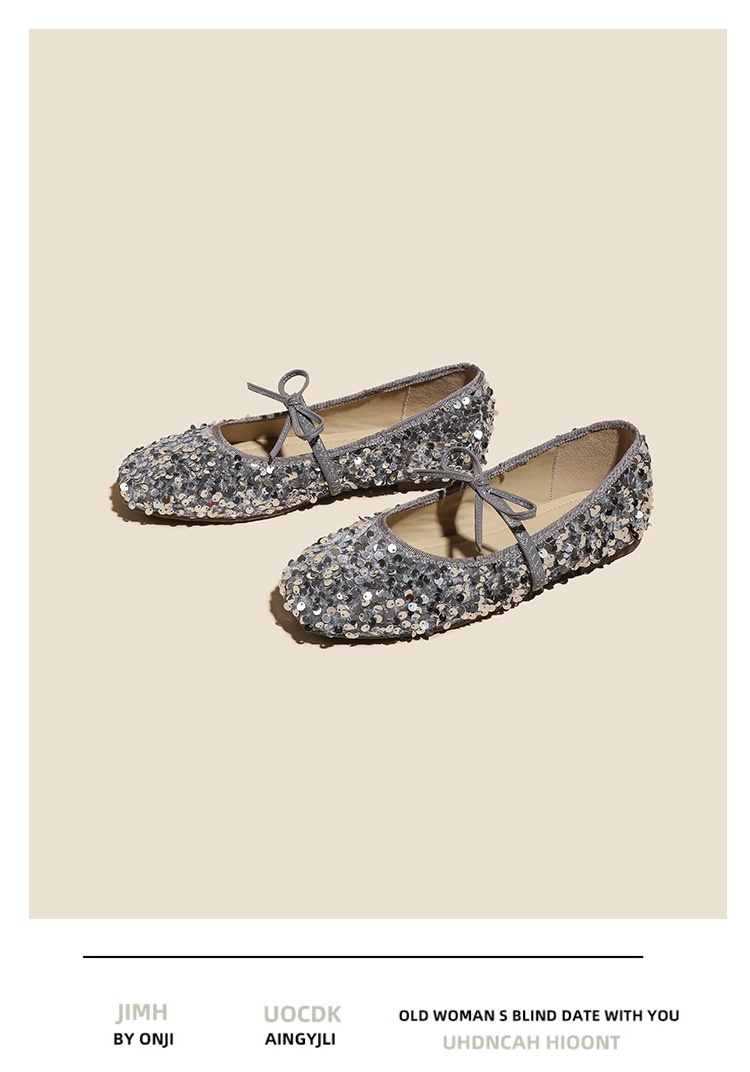Silver Sequin Ballet Dance Shoes With Bow And Single Strap_voghion.com