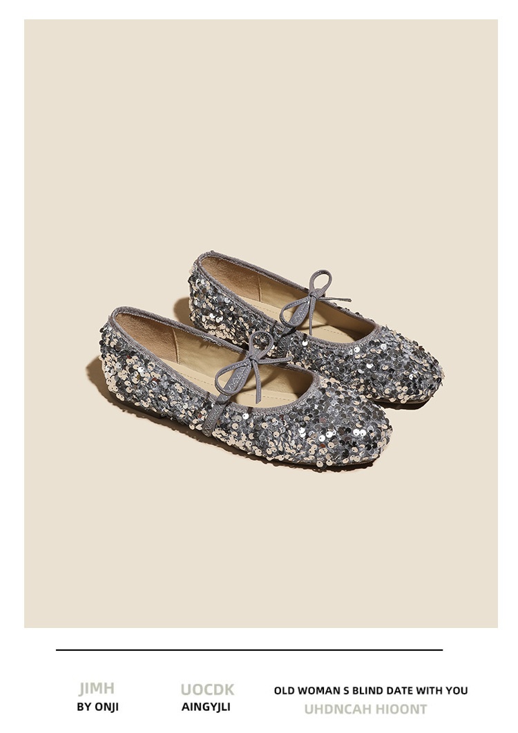 Silver Sequin Ballet Dance Shoes With Bow And Single Strap_voghion.com