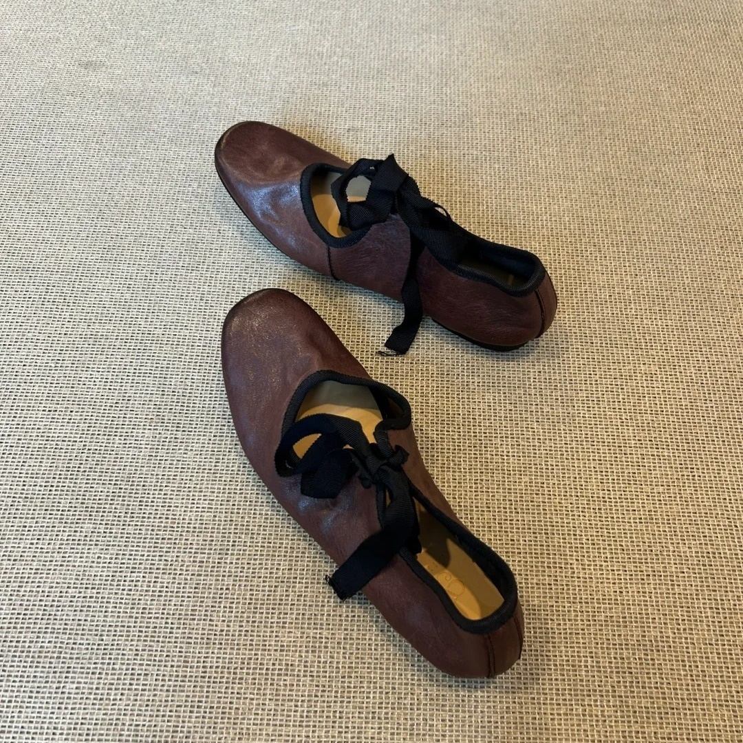 Dance Shoes Sheepskin Retro Lace-Up Flat French Ballet Leather Soft Sole Bowknot Mary Jane Shoes For Dresses_voghion.com