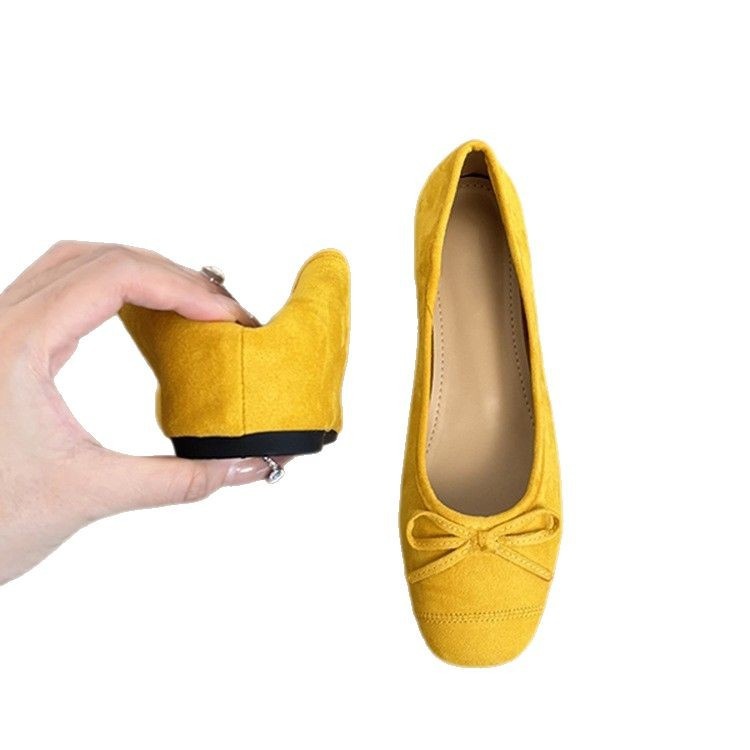 Dansschoenen 2026 van echt leer, lente/zomer, Franse stijl, geel, enkelvoudig model, damesballet met ronde neus, geschikt voor jurken en avondkleding._voghion.com