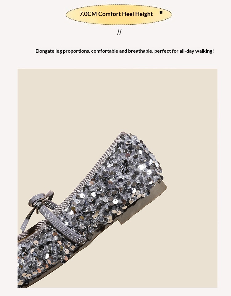 Silver Sequin Ballet Dance Shoes With Bow And Single Strap_voghion.com