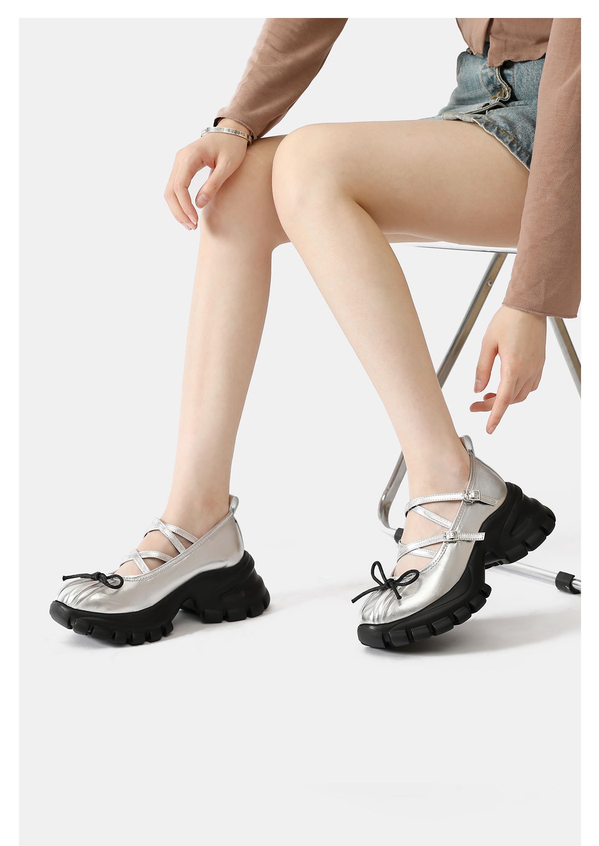 Women's Silver Ballet Dance Shoes Platform Thick Soled Leather_voghion.com