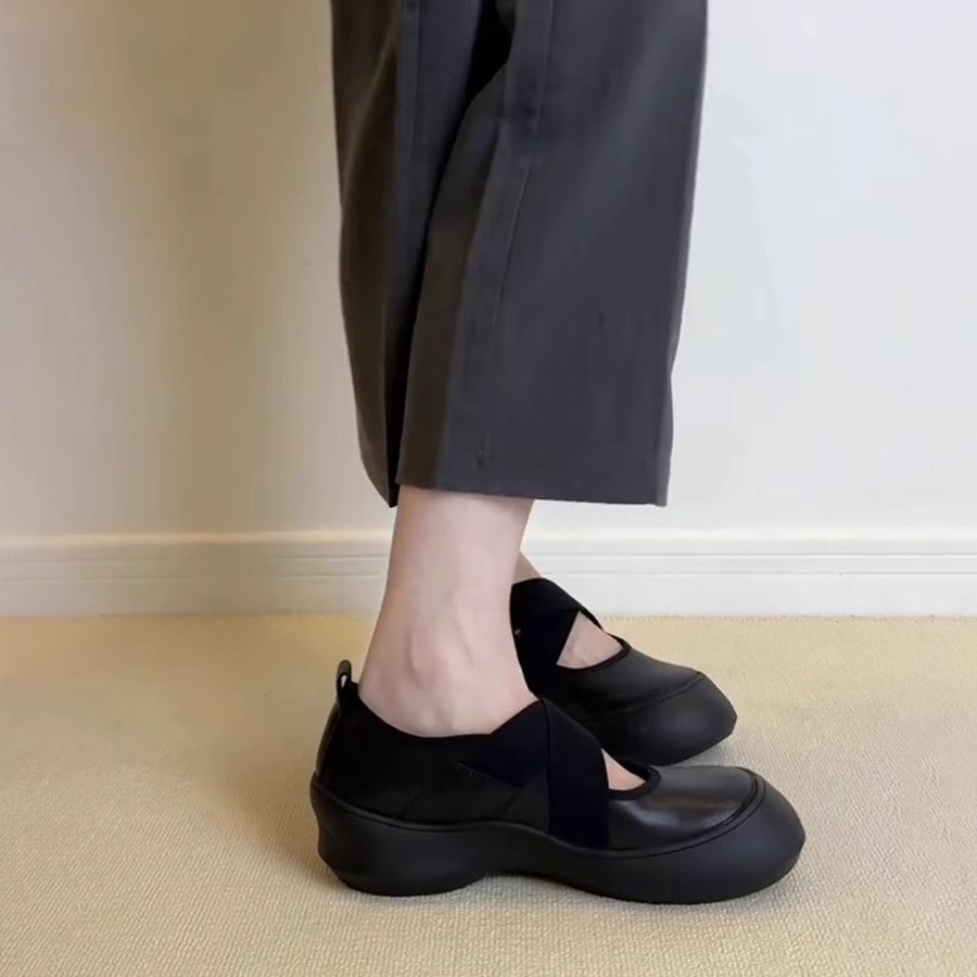 Dance Shoes Soft Version~Thick-soled Sports Cross-strap Mary Jane Leather Shoes, Round-toe Ballet Flats, Women's Shallow Retro_voghion.com