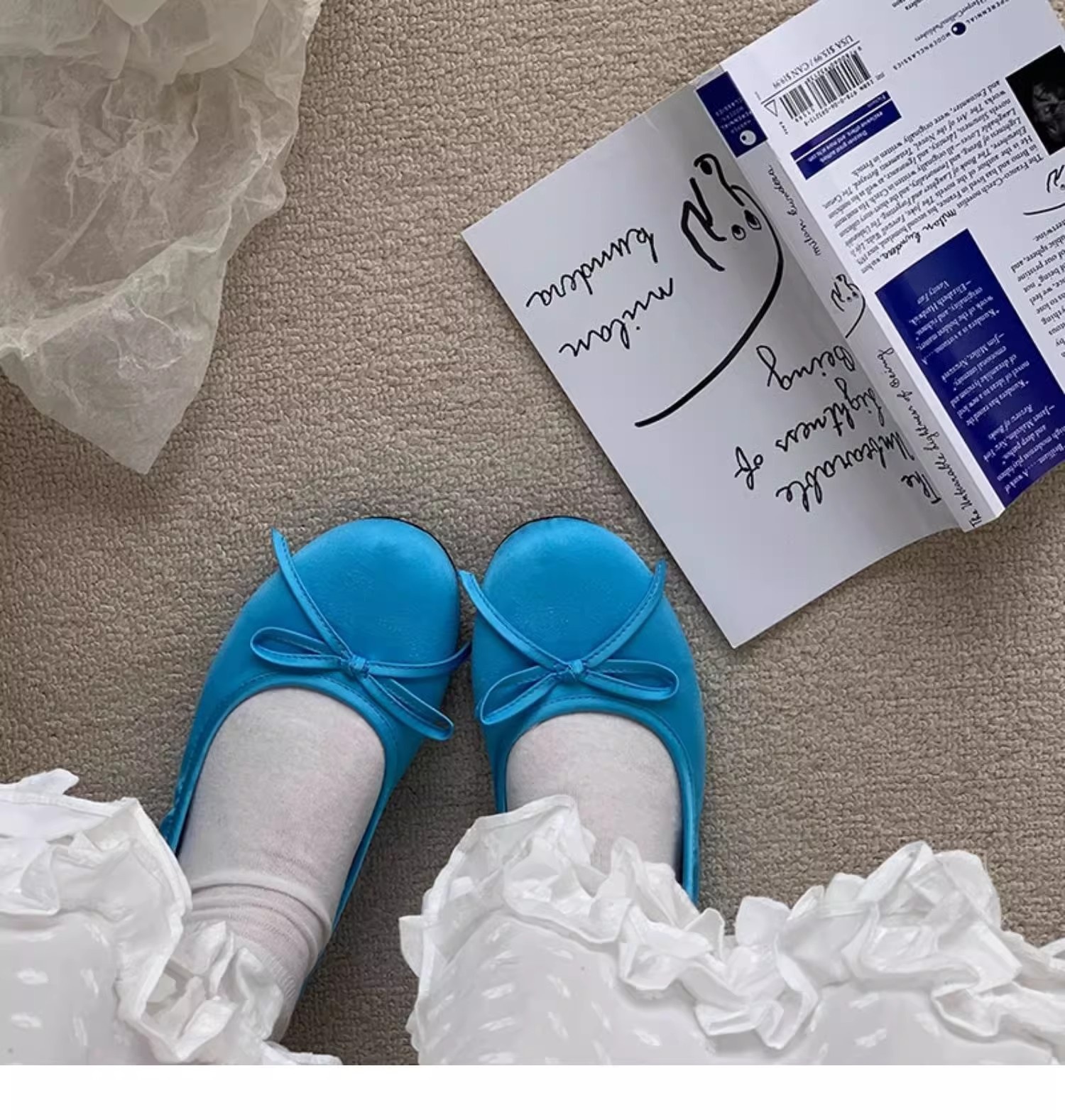 Dansskor dam blå mary jane ballerinaskor i fransk stil_voghion.com