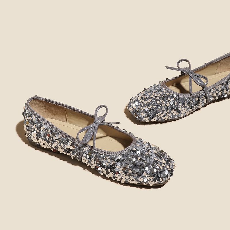 Dance Shoes French Style Sequin Silver Ballet 2025 New Model One-Strap Evening Breeze Bow Mary Jane Flat Shoes_voghion.com