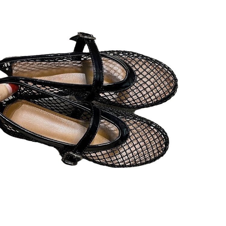 Ballettschuhe mit runder Zehenpartie, Mesh-Riemen, für Damen, flach, mit Diamantmuster, hohl, Mary Jane, einzelne Netzschuhe_voghion.com